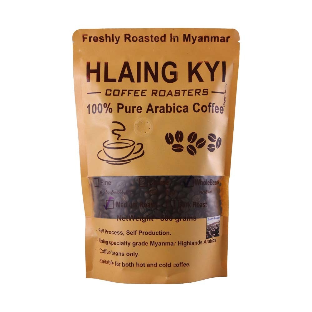 Hlaing Kyi 100% Pure Arabica Whole Bean Coffee Medium Roast  (Sundry Process) 500G