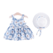 Girl Floral Print Bowknot Design Strap Dress And Straw Hat Set (5-6 Years) 20418397