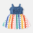 Girl Striped Bowknot Design Denim Splice Slip Dress (12-18 Months) 20582126