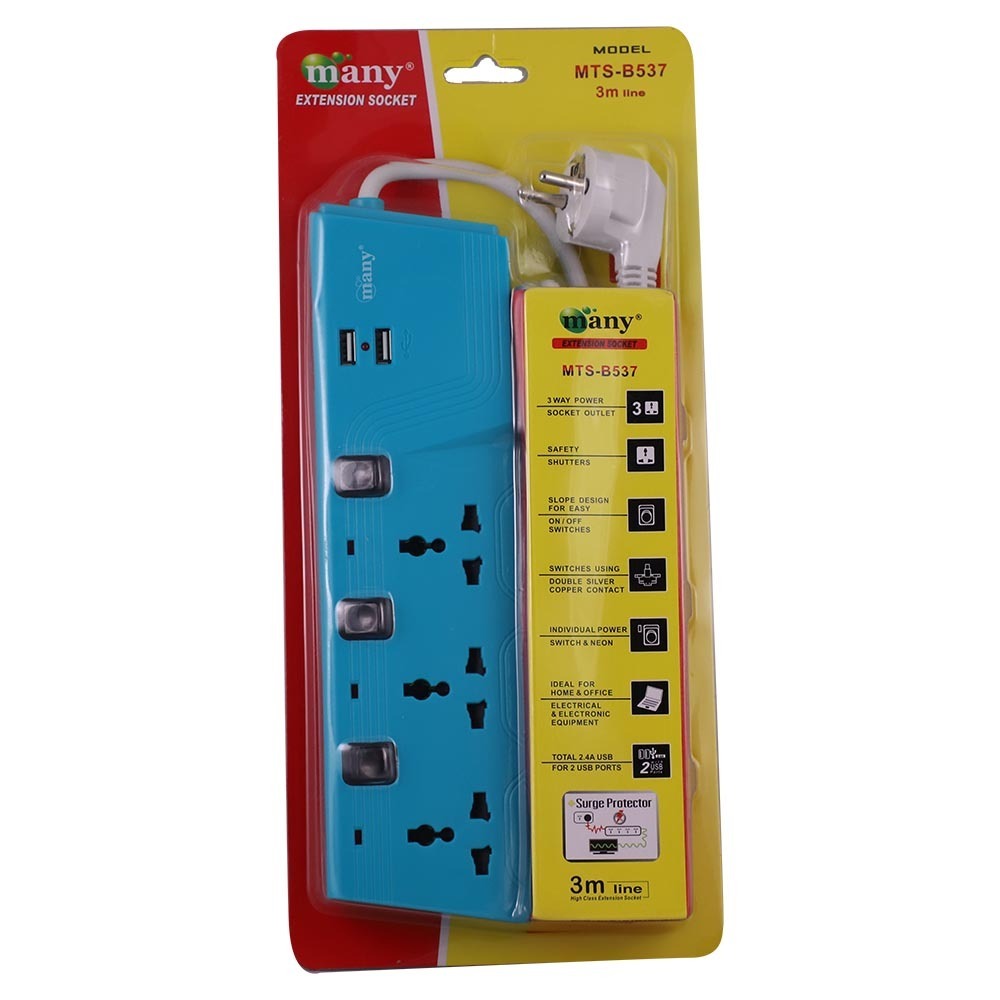 Many 3Way 2USB 3M Extension Socket MTS-B537