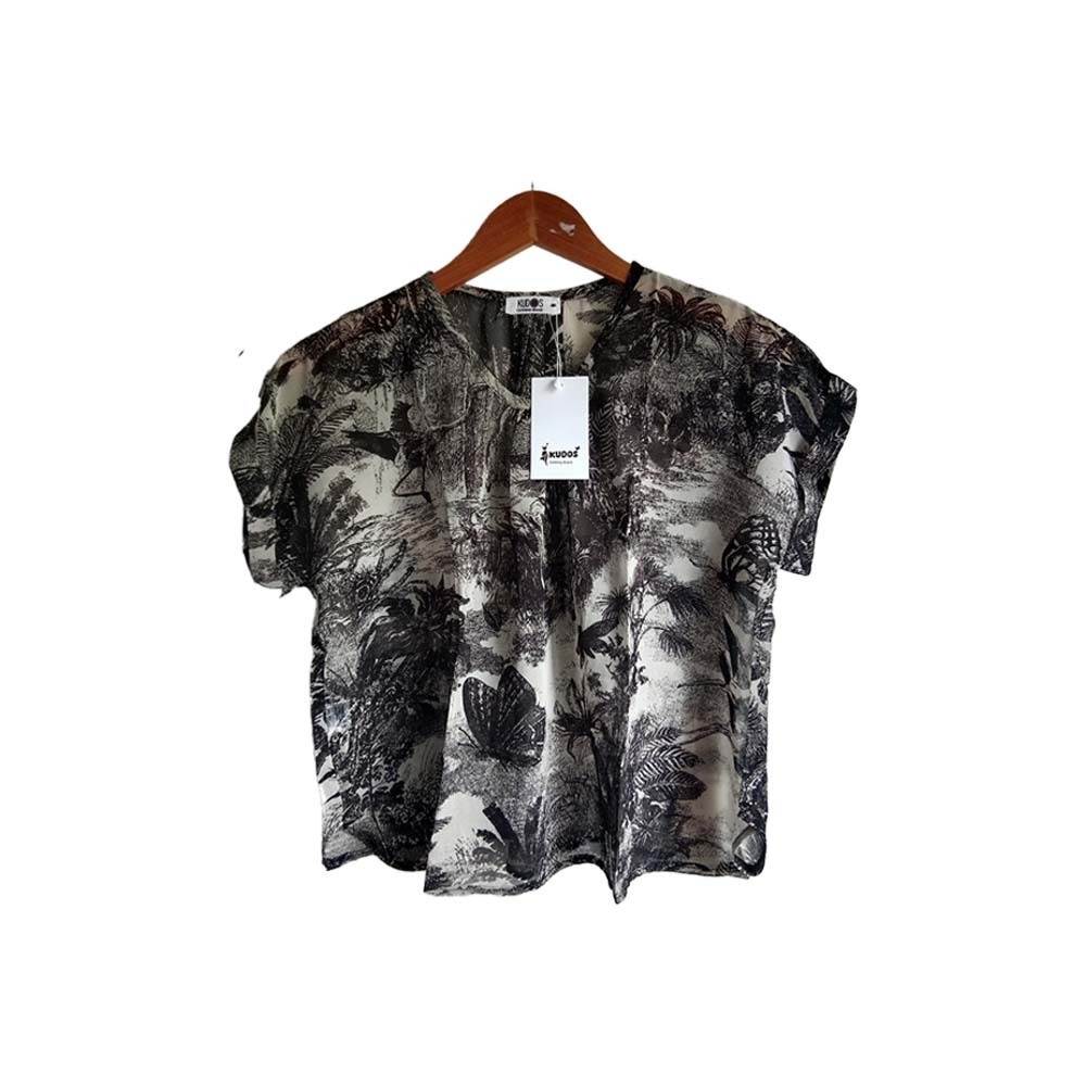 Kudos Floral Chiffon Woman Blouse Black B-007 Large