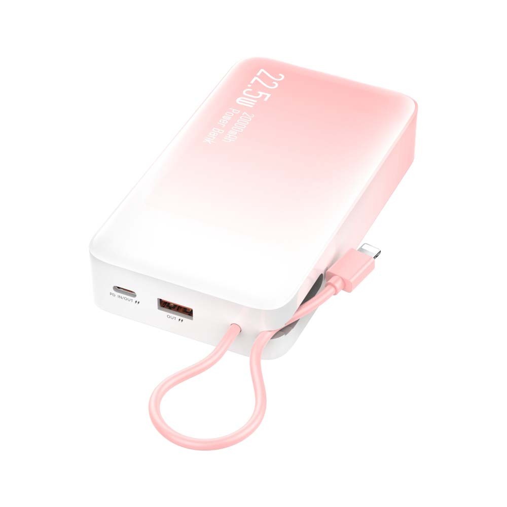 Konfulon A37Q (20000mAh Fast Charging 22.5W Built-in Cable Power Bank) + Lightning Cable Pink