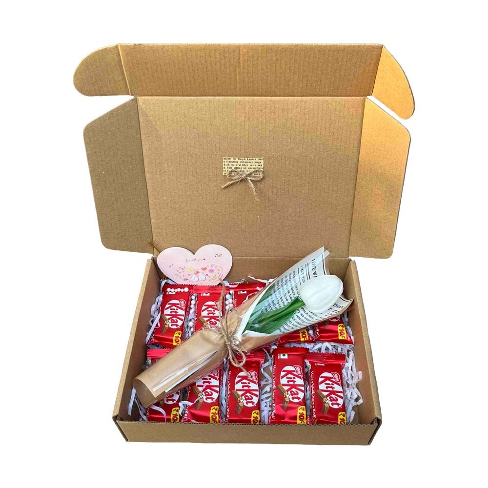 Artificial Tulip &  KitKat Chocolate 10PCS Box (White)