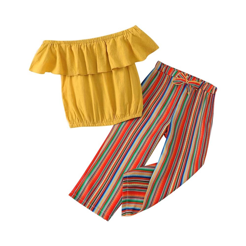 Girl Solid Ruffled Tank Top And Colorful Stripe Pants Set (3 Years) 20621227