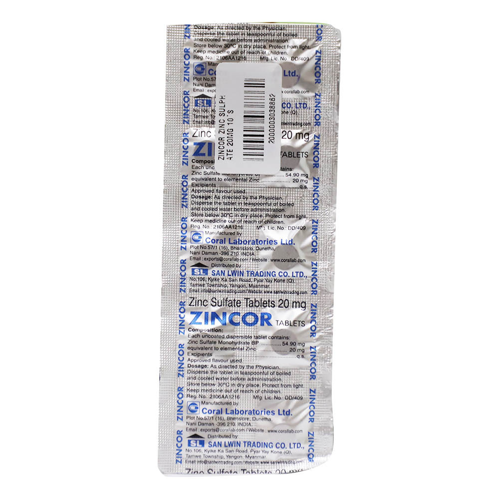 Zincor Zinc Sulphate 20MG 10Tablets