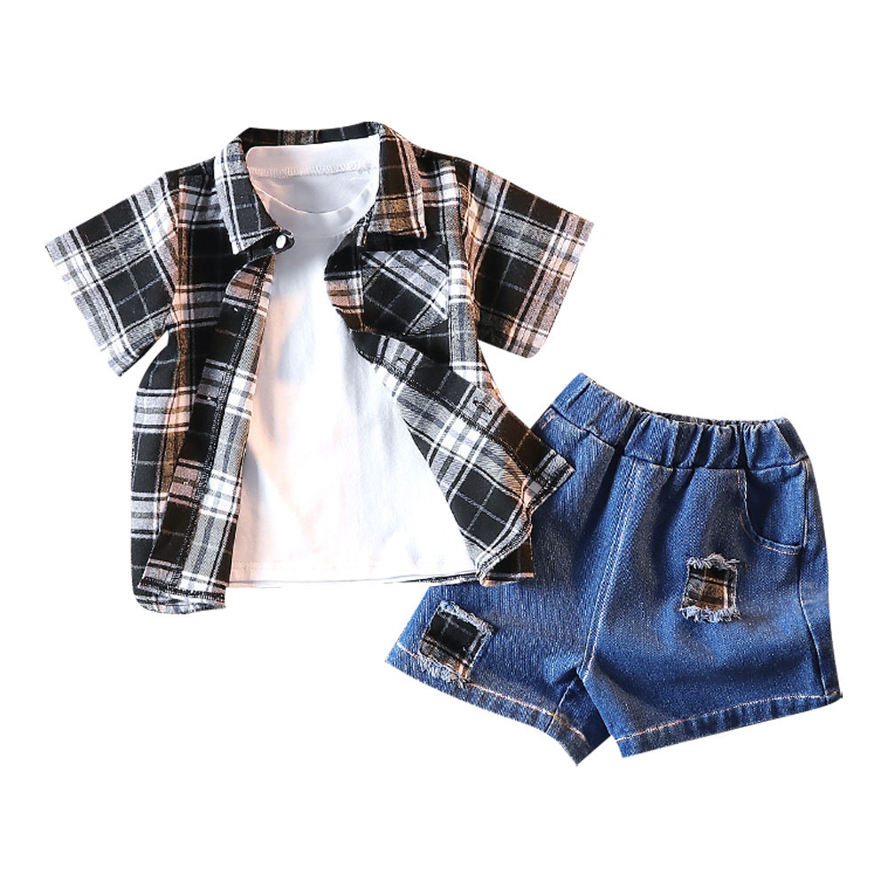 Boy Plaid Short-sleeve Shirt and Ripped Denim Shorts Set (Without Tee) 3 Years 20633215