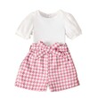 Kid Girl Solid Short-Sleeve Rib-Knit Top & Houndstooth Print Belt Shorts & Hat Set 3PCS 20649200