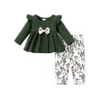 Baby 95% Cotton Ruffle Long-Sleeve Bowknot Top And All Over Leaves Print Trousers Set 2PCS 20155321