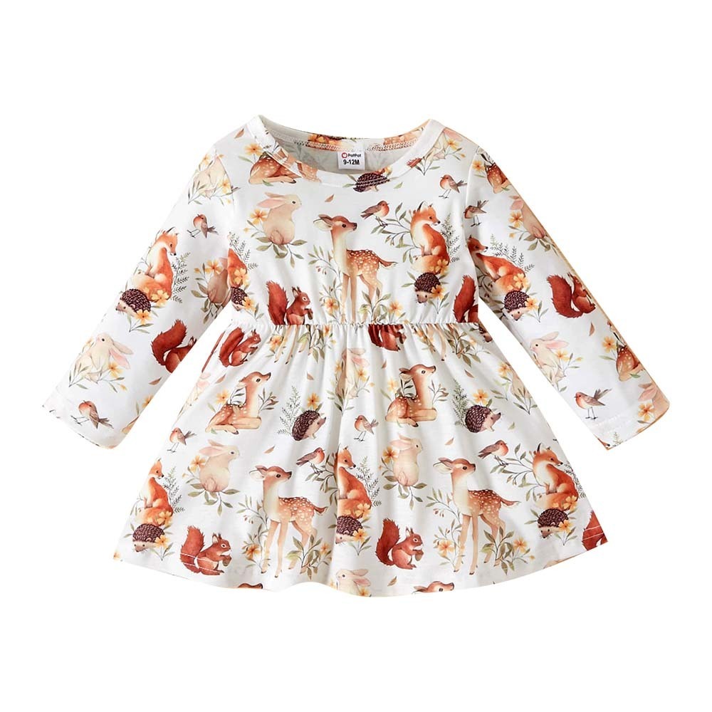 Baby Girl All Over Forest Animals Print Long-Sleeve Dress (18-24 Months) 20137049