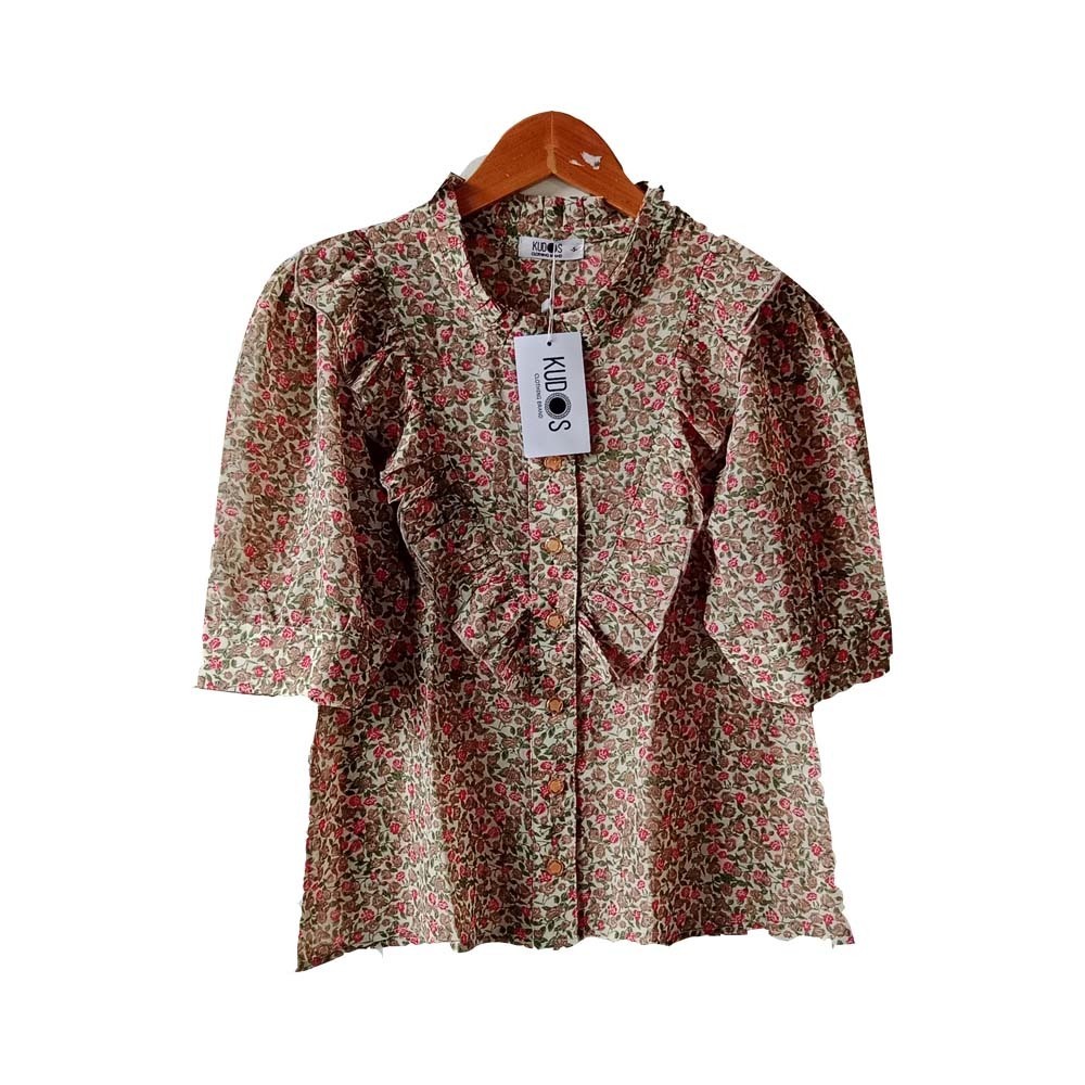 Kudos Floral Chiffon Woman Blouse  B-011 Tan XL