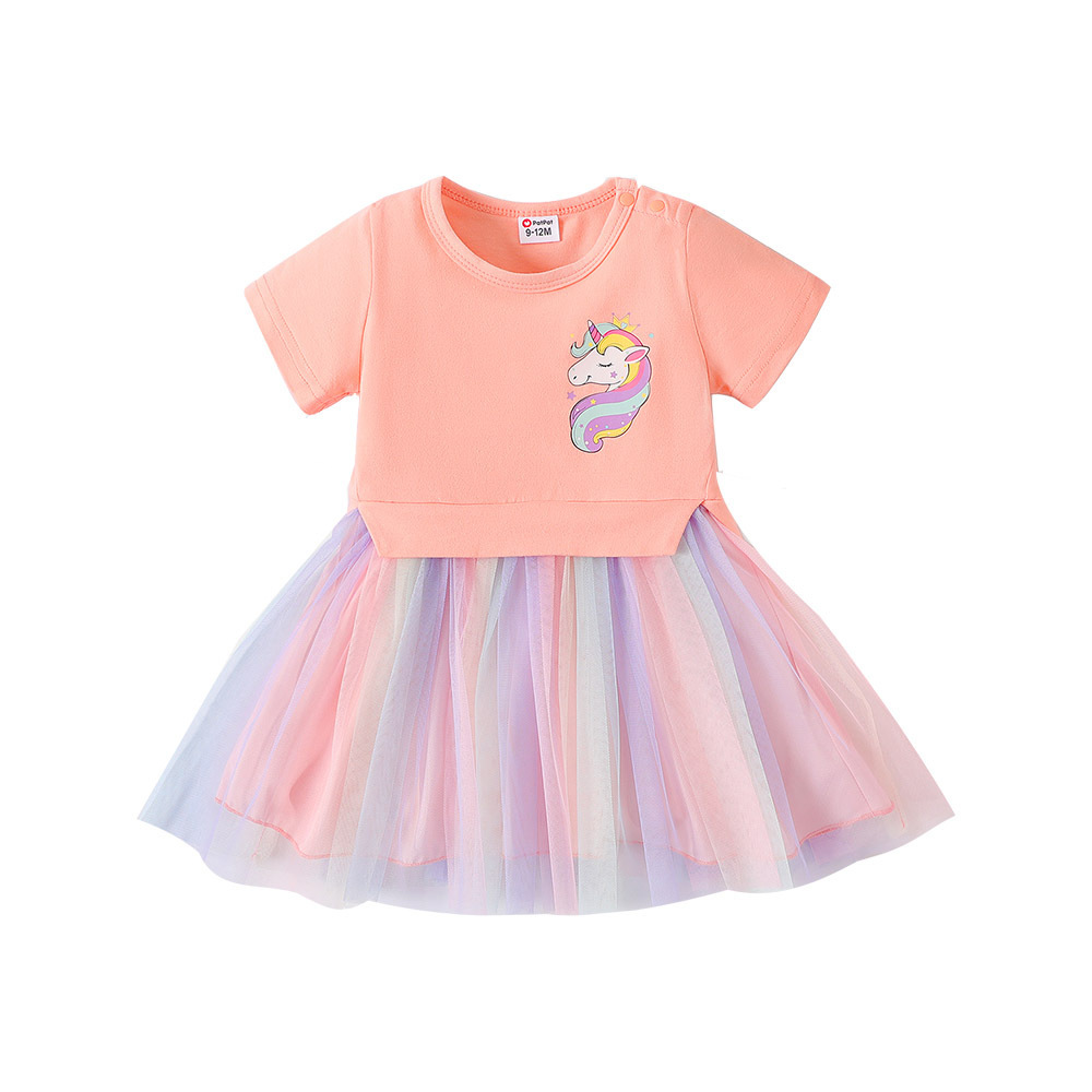 Baby Girl Cotton Short-sleeve Unicorn Print Faux-two Mesh Dress (18-24 Months) 20588419
