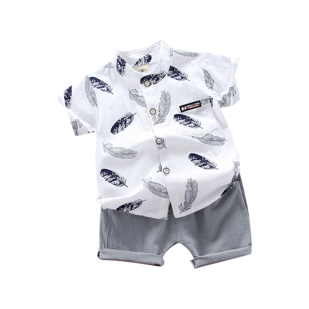 Baby Boy Short-Sleeve All Over Feather Print Button Up Shirt And Solid Shorts Set (18-24 Months) 19538063