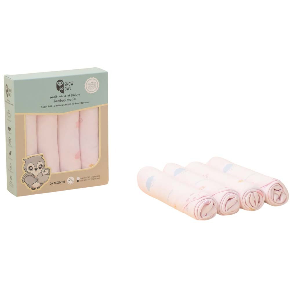 Snow Owl Bamboo Muslin 30X30 Pack4 - Lovely Sky Pink