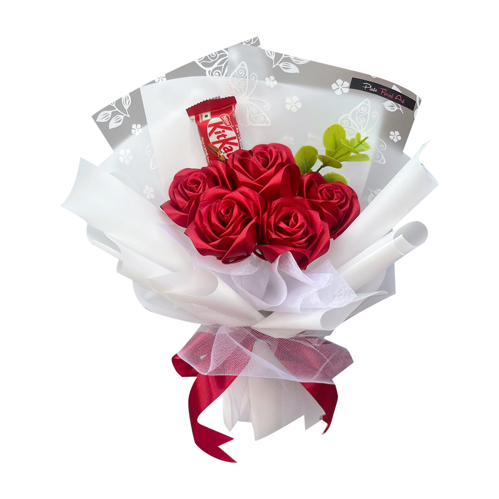 Artificial  Ribbon Red Roses Bouquet & Kitkat