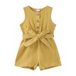 Girl Solid Color Button Design Sleeveless Belted Romper Jumpsuit Shorts (5-6 Years) 20325249