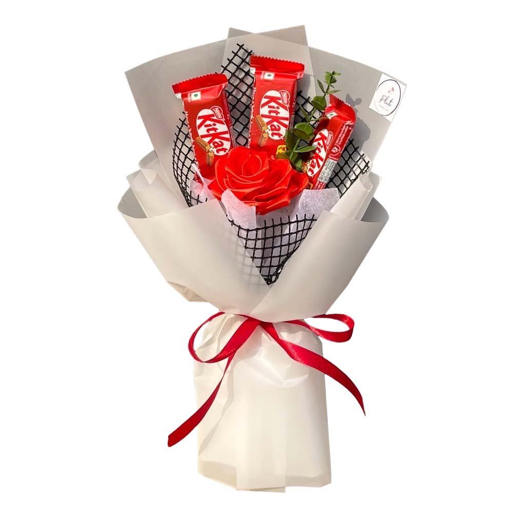 Handmade Artificial Rose & 3KitKat Chocolate Bouquet (White)