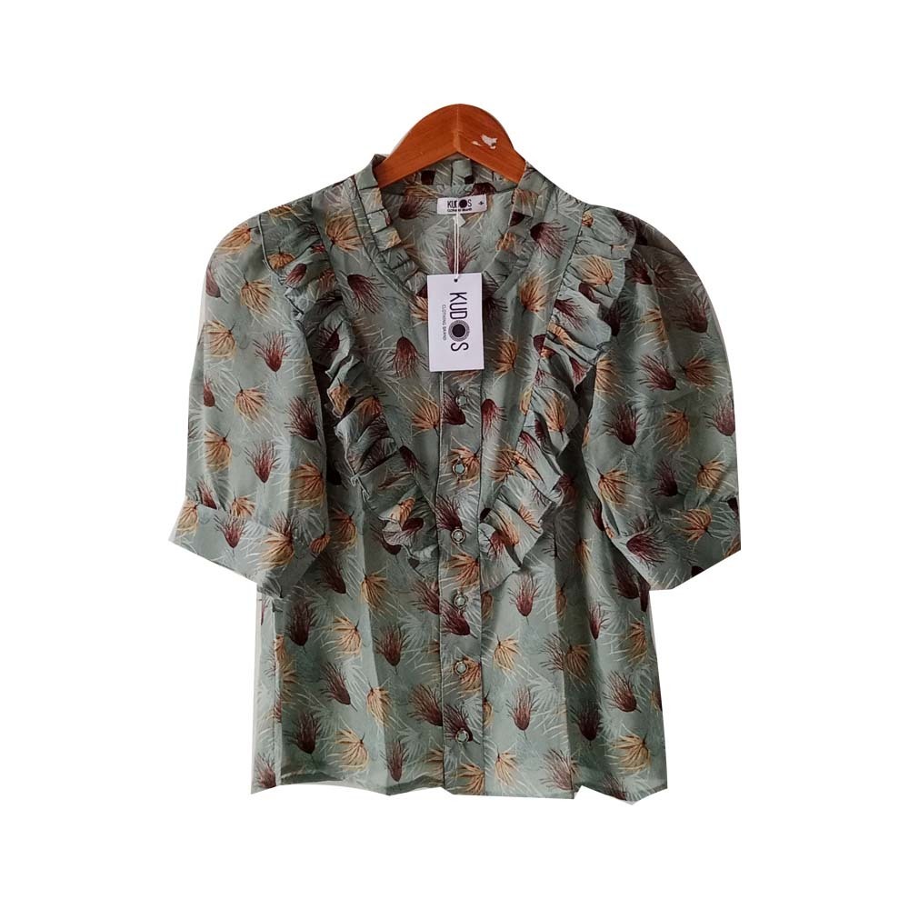 Kudos Floral Chiffon Woman Blouse  B-011 Silver Blue Medium